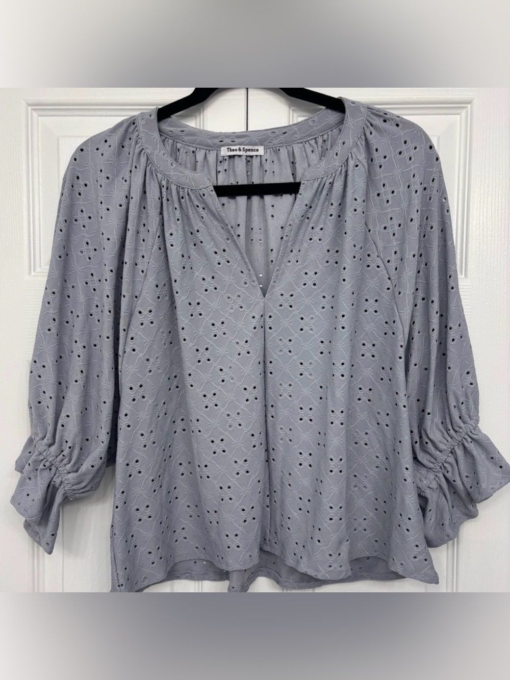 Theo & Spence muted gray/pale blue eyelet blouse size L